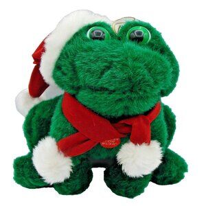 Musical Sing Frog Plush Holiday Ribbit Jingle Bells Santa Hat Stuff Animal Toy